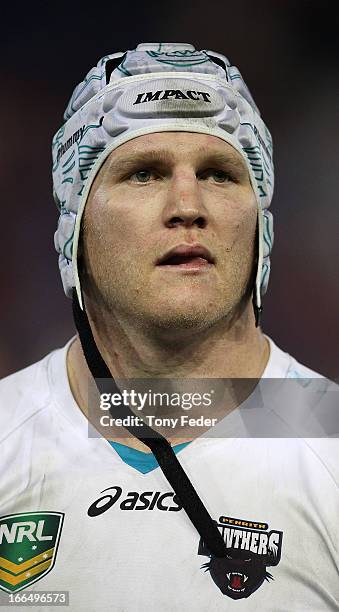 Nigel Plum of the Panthers looks dejected during the round six NRL match between the Newcastle Knights and the Penrith Panthers at Hunter Stadium on...