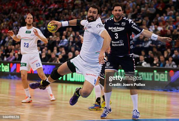 Igor Vori of Hamburg scores during the Lufthansa Final Four Semi-Final between SG Flensburg-Handewitt and HSV Hamburg at O2 World on April 13, 2013...