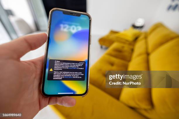 An Emergency Alert is seen on an Apple iPhone on September 14, 2023 in Lecce, Italy. -IT-alert, the new national public alert system that Italy is...