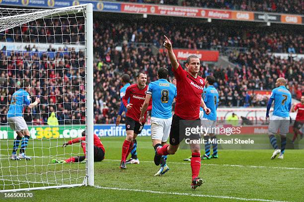 Heidar Helguson of Cardiff City celebrates scoring the opening goal during the npower Championship match between Cardiff City and Nottingham Forest...