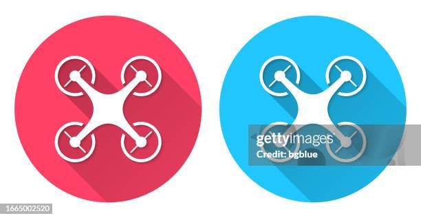 drone - quadcopter. round icon with long shadow on red or blue background - directly below stock illustrations stock illustrations