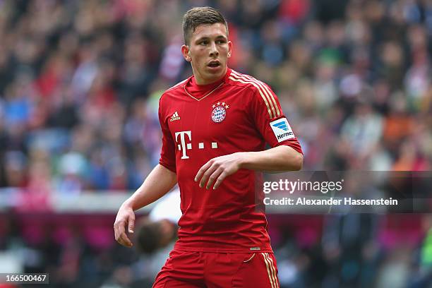 Pierre Emil Hojbjerg of Muenchen looks on during the Bundesliga match between FC Bayern Muenchen and 1. FC Nuernberg at Allianz Arena on April 13,...