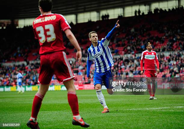 Brighton player Andrea Orlandi celebrates scoring the opening goal during the npower Championship match between Middlesbrough and Brighton & Hove...