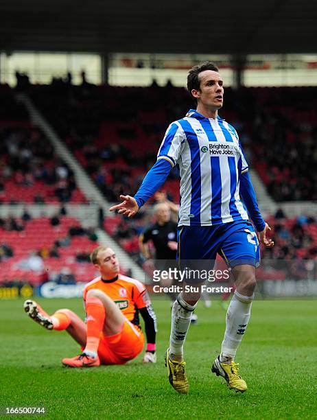 Brighton player David Lopez celebrates scoring the second goal during the npower Championship match between Middlesbrough and Brighton & Hove Albion...