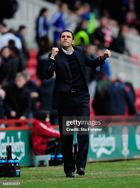 Brighton manager Gus Poyet reacts on the final whistle after the npower Championship match between Middlesbrough and Brighton & Hove Albion at...