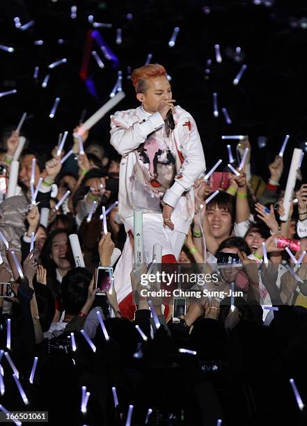 Dragon of Bigbang onstage during a PSY concert titled "Happening" at Olympic Stadium on April 13, 2013 in Seoul, South Korea.