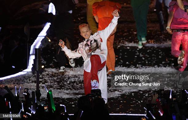 Dragon of Bigbang onstage during a PSY concert titled "Happening" at Olympic Stadium on April 13, 2013 in Seoul, South Korea.