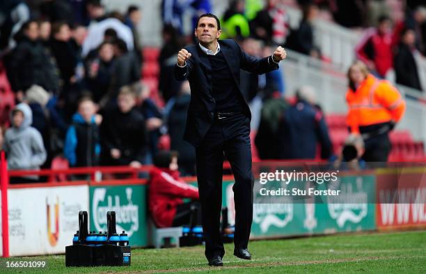 Brighton manager Gus Poyet reacts on the final whistle after the npower Championship match between Middlesbrough and Brighton & Hove Albion at...