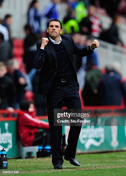 Brighton manager Gus Poyet reacts on the final whistle after the npower Championship match between Middlesbrough and Brighton & Hove Albion at...