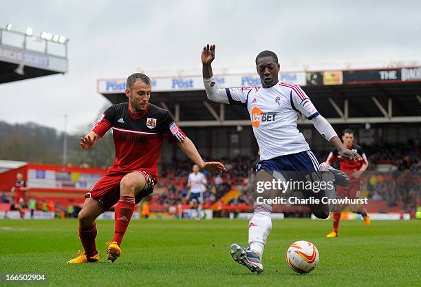 Marvin Sordell of Bolton attacks during the npower Championship match between Bristol City and Bolton Wanderers at Ashton Gate Stadium on April 13,...