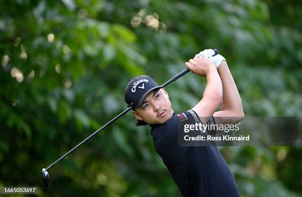 Min Woo Lee of Australia tees off on the 11th hole during Day One of the Horizon Irish Open at The K Club on September 07, 2023 in Straffan, Ireland.