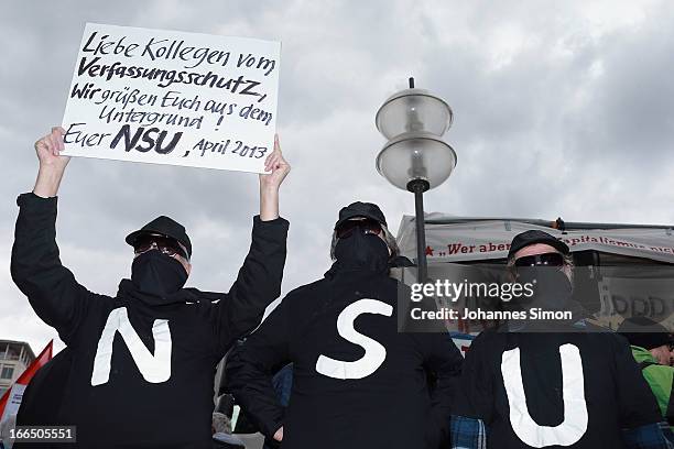 Activists protesting against right-wing violence demonstrate in the city center five days ahead of the beginning of the NSU murder trial on April 13,...