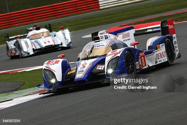 The Toyota Racing Toyota TS030 Hybrid driven by Anthony Davidson of Great Britain, Sebastien Buemi of Switzerland and Stephane Sarrazin of France...