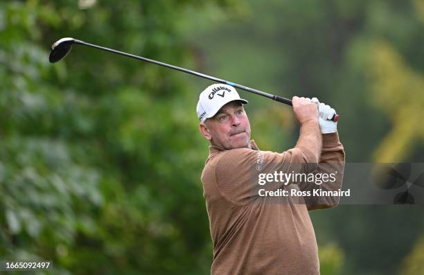 Thomas Bjorn of Denmark tees off on the 11th hole during Day One of the Horizon Irish Open at The K Club on September 07, 2023 in Straffan, Ireland.