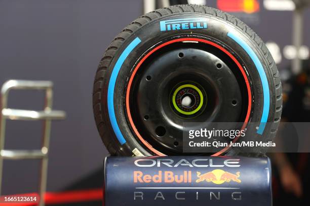 General view of the a Pirelli tyre on an Oracle Red Bull Racing wheel during previews ahead of the F1 Grand Prix of Singapore at Marina Bay Street...