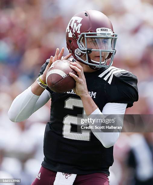 Texas A&M Aggies quarterback Johnny Manziel looks to pass during the Maroon & White spring football game at Kyle Field on April 13, 2013 in College...