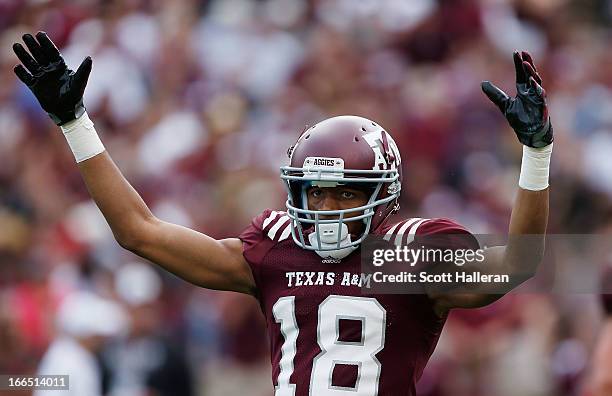 Texas A&M Aggies receiver Edward Pope waits on the field during the Maroon & White spring football game at Kyle Field on April 13, 2013 in College...