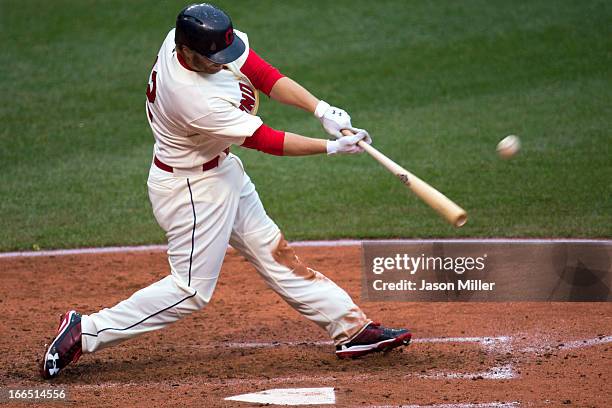 Mark Reynolds of the Cleveland Indians hits a grand slam during the fifth inning against the Chicago White Sox at Progressive Field on April 13, 2013...