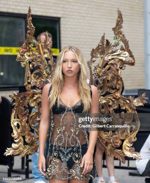 Model Lila Moss is seen arriving to Victoria's Secret Celebrates The Tour '23 at The Manhattan Center on September 06, 2023 in New York City.