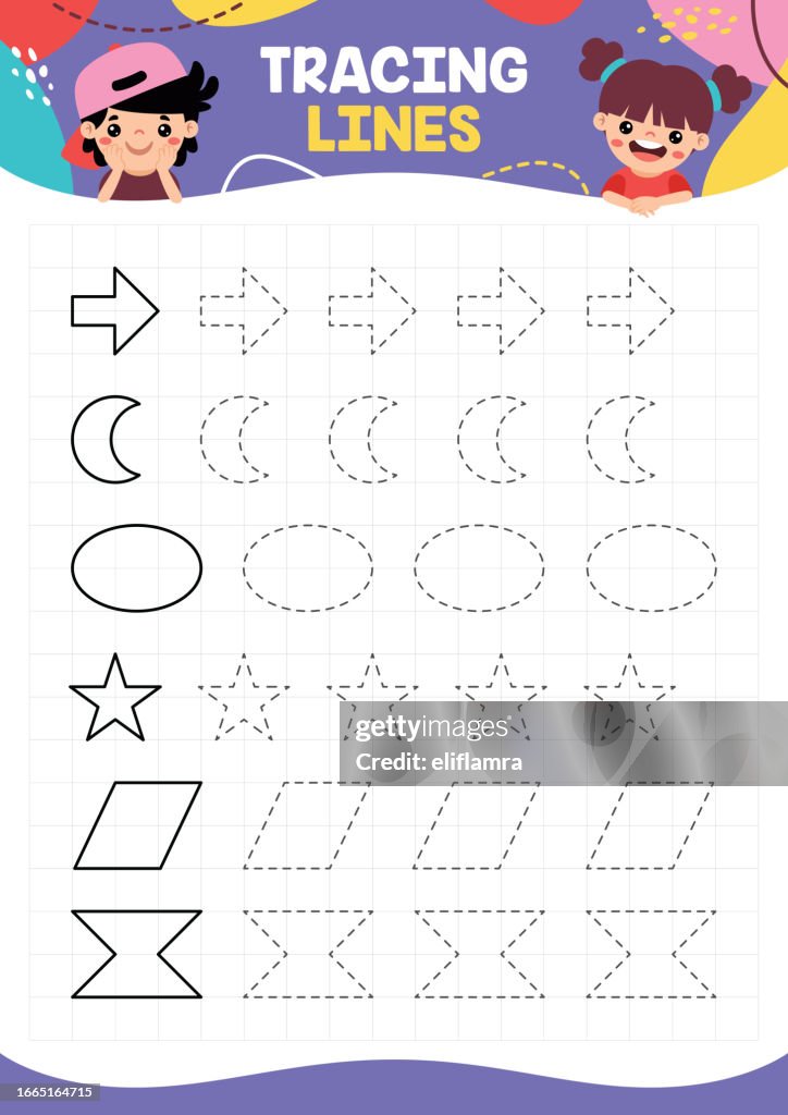 Controliied Line Exercise Tracing Lines Exercise Worksheet For Kids High-Res Vector Graphic ...