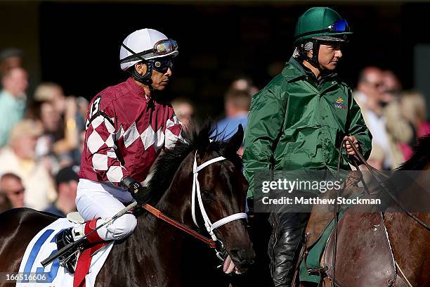 Pre-race favorite Rydiluc, riden by Edgra Prado, is brought to the starting gate during the 89th Toyota Blue Grass Stakes at Keenland Race Course on...