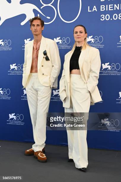 Alexander Öhrstrand and Director Mika Gustafson attend a photocall for the movie "Paradiset Brinner" at the 80th Venice International Film Festival...