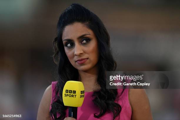 Test Match Special commentator Isa Guha during the 3rd Vitality T20 International between England and Sri Lanka at The County Ground on September 06,...