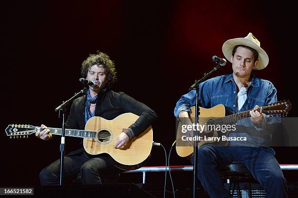 Doyle Bramhall II and John Mayer perform on stage during the 2013 Crossroads Guitar Festival at Madison Square Garden on April 13, 2013 in New York...