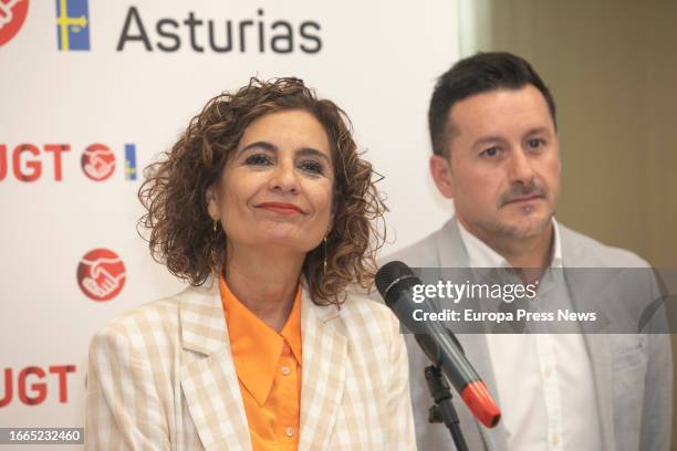 The acting Minister of Finance and Public Function, Maria Jesus Montero, participates together with the Secretary General of UGT Asturias, Javier...