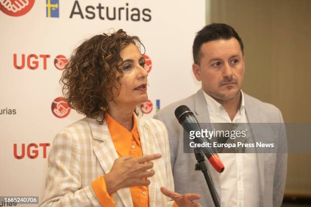 The acting Minister of Finance and Public Function, Maria Jesus Montero, participates together with the Secretary General of UGT Asturias, Javier...