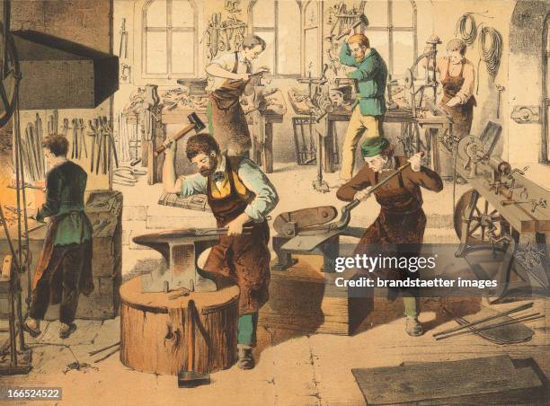 "Professions - Locksmith. About 1860. Coloured lithographs. Berufe - Schlosser. Um 1860. Farblithographie. Aus: Schreiber's Bilder-Werke für den...