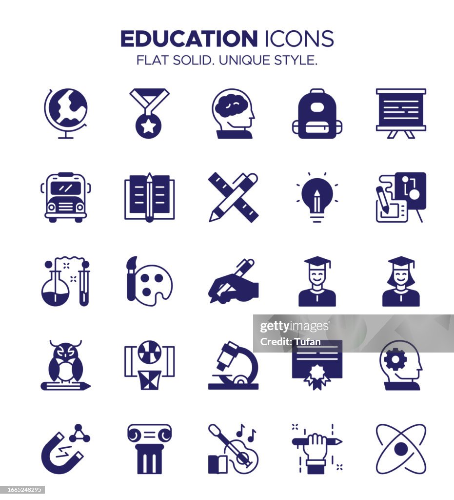 Education Icon Set Solid Style - School, Student, Classroom, Books, Teacher