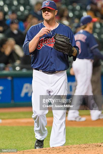 Relief pitcher Brett Myers of the Cleveland Indians reacts on the mound at the bottom of the ninth inning against the New York Yankees at Progressive...