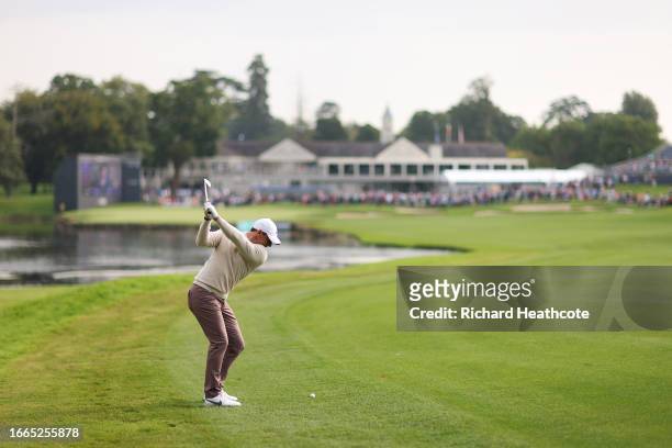 Rory McIlroy of Northern Ireland plays his second shot on the 18th hole during Day One of the Horizon Irish Open at The K Club on September 07, 2023...
