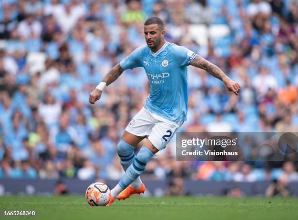 Kyle Walker of Manchester City in action during the Premier League match between Manchester City and Fulham FC at Etihad Stadium on September 2, 2023...