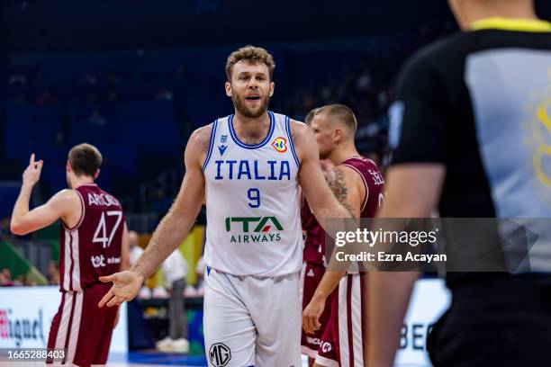 Nicolo Melli of Italy argues with a referee during the FIBA Basketball World Cup Classification 5-8 game between Italy and Latvia at Mall of Asia...