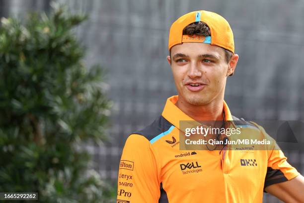 Lando Norris of Great Britain and McLaren F1 Team during previews ahead of the F1 Grand Prix of Singapore at Marina Bay Street Circuit on September...