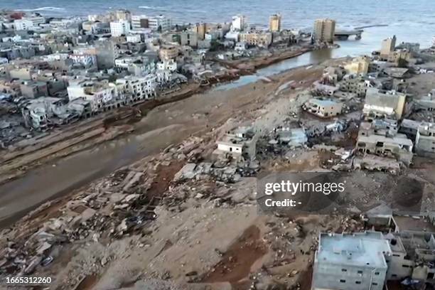 This image grab from an AFPTV footage taken on September 13 shows an aerial view of the damage caused by floods after the Mediterranean storm...