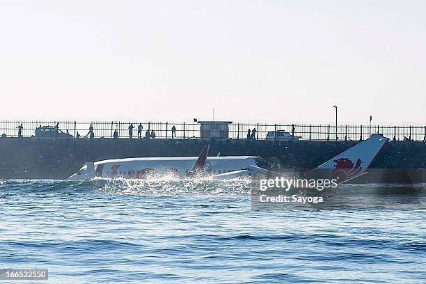 The wreckage of the Lion Air plane submerge in the sea on April 14, 2013 in Badung, Bali, Indonesia. The Lion Air passenger plane with over 100...