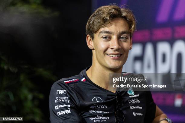 George Russell of Great Britain and Mercedes attends the Drivers Press Conference during previews ahead of the F1 Grand Prix of Singapore at Marina...