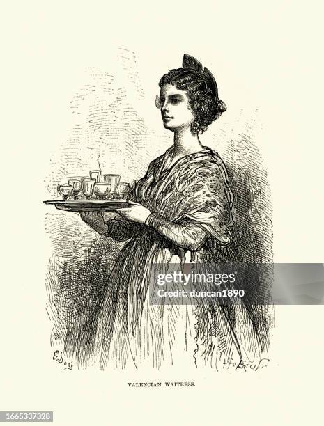 valencian waitress carrying a tray of drinks, spain, spanish 19th century history, vintage illustration by gustave dore - serving food and drinks stock illustrations