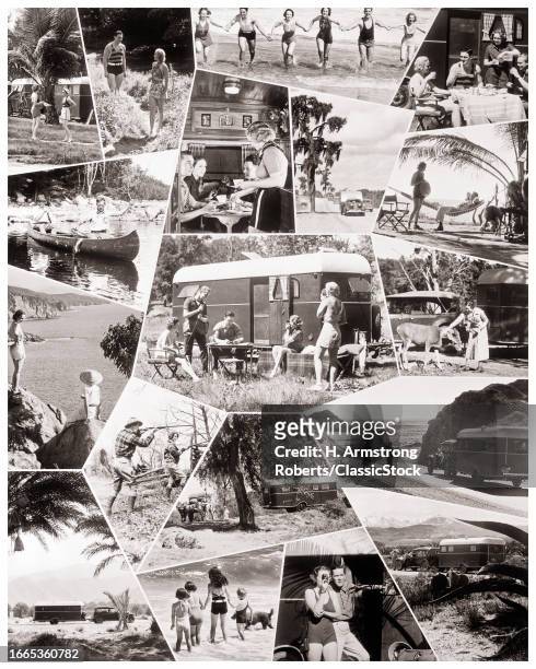 1930s Montage of travel trailer recreation vehicle camper vacation on the road fun.