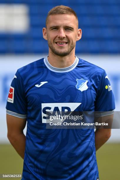 Pavel Kaderabek of TSG 1899 Hoffenheim poses during the team presentation at PreZero Arena on August 01, 2023 in Sinsheim, Germany.