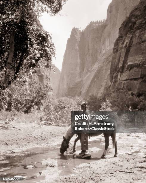 1920s Man cowboy dismounted standing with horse drinking water from stream in western canyon zion national park utah USA.