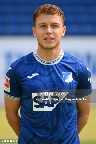 Dennis Geiger of TSG 1899 Hoffenheim poses during the team presentation at PreZero Arena on August 01, 2023 in Sinsheim, Germany.