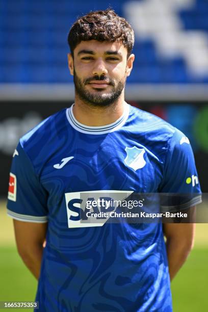 Ozan Kabak of TSG 1899 Hoffenheim poses during the team presentation at PreZero Arena on August 01, 2023 in Sinsheim, Germany.