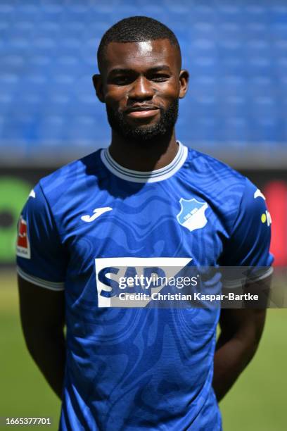 Ihlas Bebou of TSG 1899 Hoffenheim poses during the team presentation at PreZero Arena on August 01, 2023 in Sinsheim, Germany.