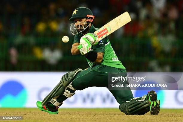 Pakistan's Mohammad Rizwan plays a shot during the Asia Cup 2023 Super Four one-day international cricket match between Sri Lanka and Pakistan at the...