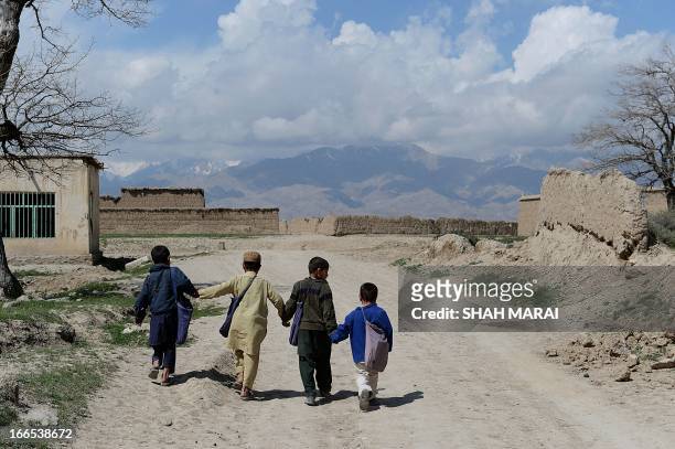 Afghanistan-US-UN-education-Hollywood-people; by Sardar Ahmad In this picture taken on April 3 Afghan schoolboys walk down a road after a lesson in a...