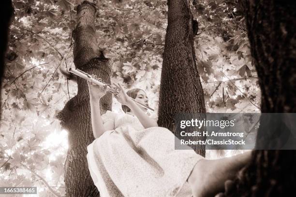 1960s 1970s solitary teenage girl sitting in a tree wearing maxi dress playing a flute.